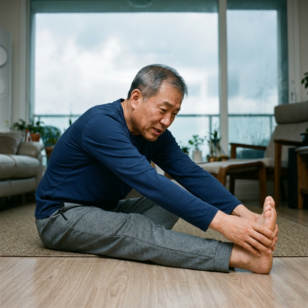 거실 바닥에 앉아 다리를 앞으로 뻗고 발끝을 잡으며 스트레칭하는 60대 남성, 창밖으로 흐린 하늘이 보이는 장면