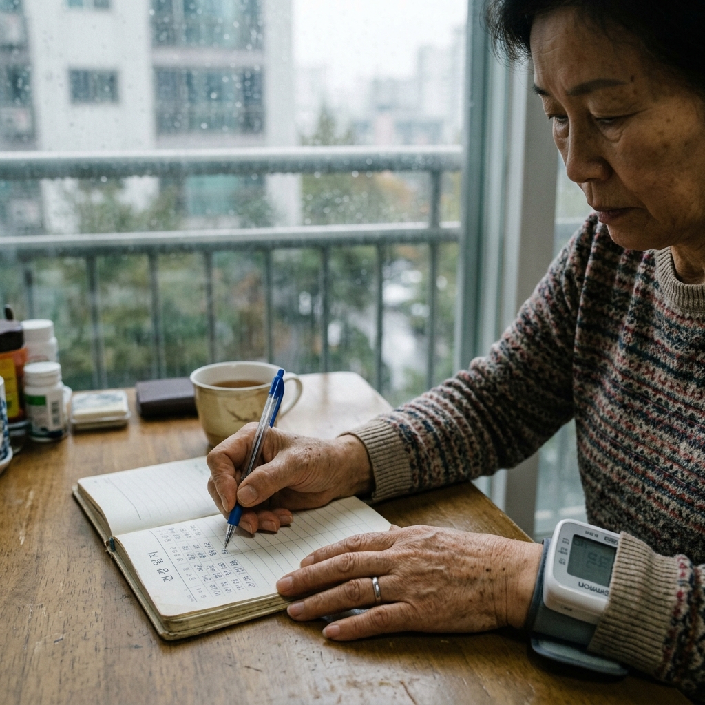 노트에 운동 시간과 혈압 수치를 기록하는 70대 여성 손, 창밖으로 빗소리가 들리는 듯한 흐린 날씨 배경