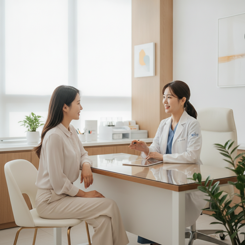 진료실에서 여성 산부인과 의사와 차분히 상담하는 한국 여성 환자의 모습