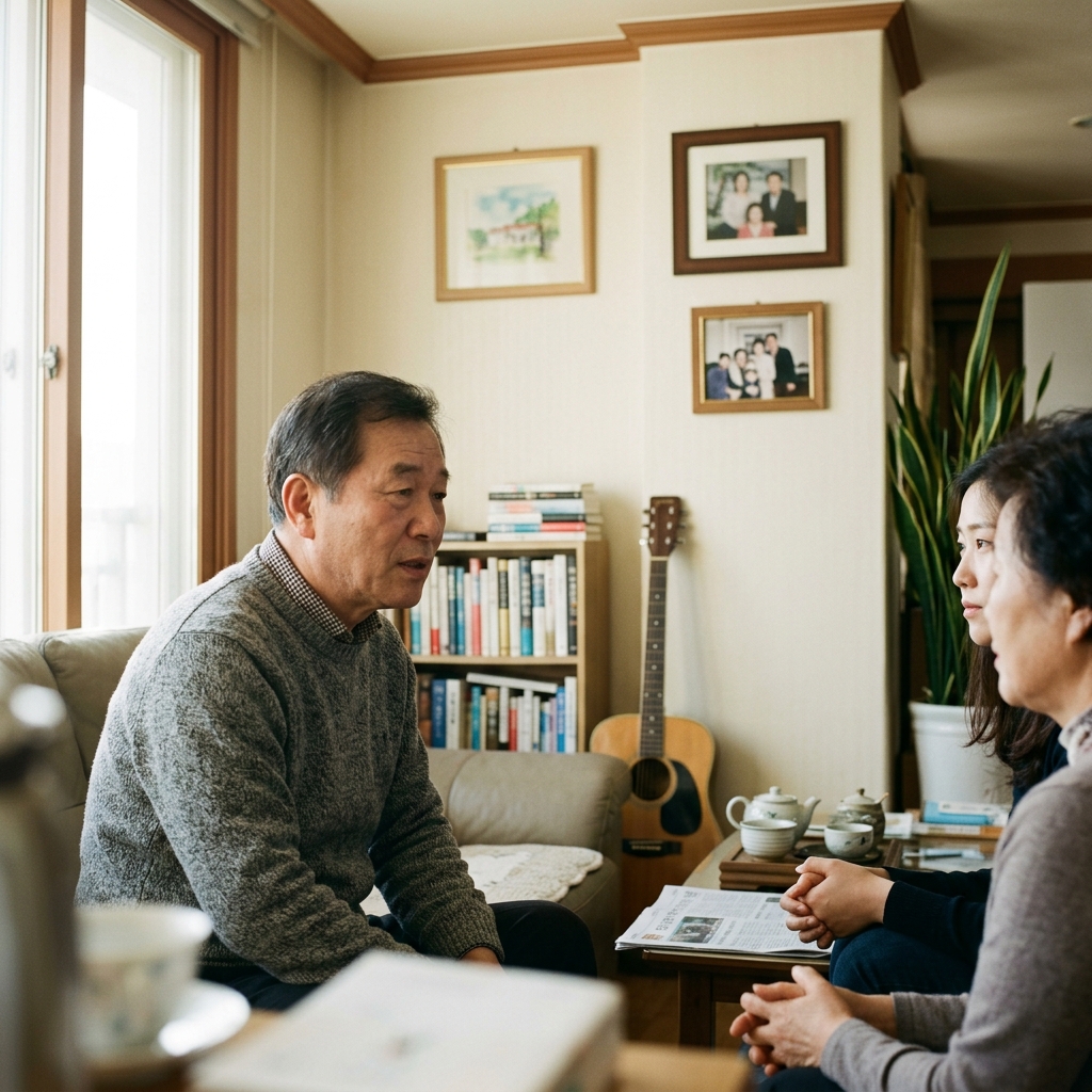 60대 남성이 밝은 거실에서 가족과 대화하며 상대 얼굴을 응시하고 있지만 표정이 흐릿하게 보이는 장면, 주변 가구와 벽의 액자는 선명하게 보이는 대비 상황, 자연광, 한국인