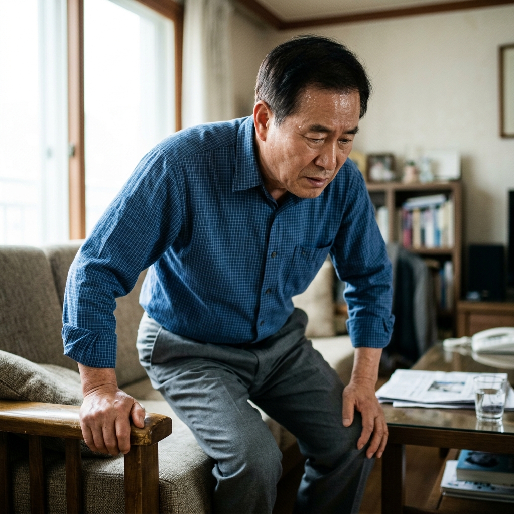 70대 남성이 거실에서 일어서다가 어지러워하며 소파 팔걸이를 붙잡고 있는 모습, 이마에 땀이 맺혀 있고 표정이 불편해 보임, 실내 자연광