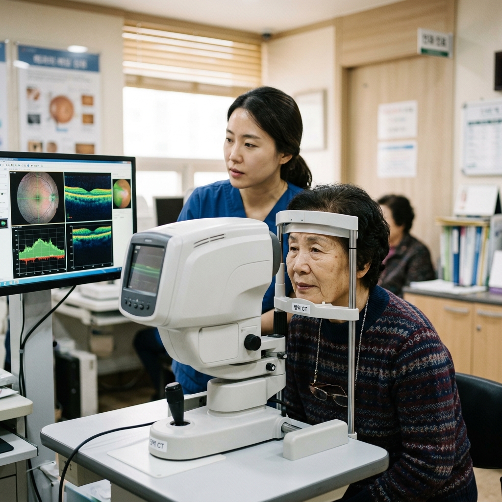 70대 여성이 안과 진료실에서 OCT 망막 촬영 장비 앞에 앉아 검사를 받고 있는 장면, 의료진이 화면을 확인하는 모습, 실내 조명, 한국인