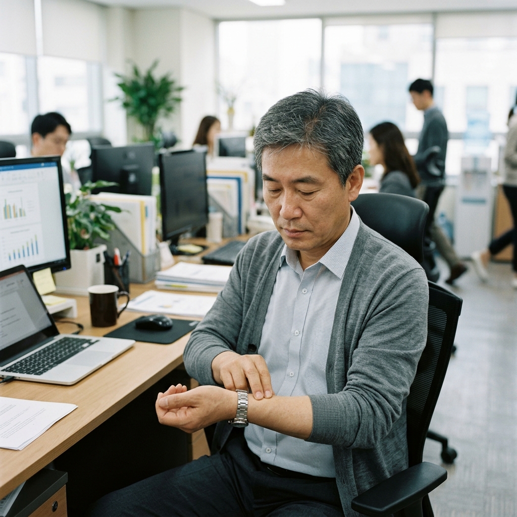 실내 사무실에서 얇은 가디건을 걸친 50대 남성이 손목 안쪽 피부를 확인하는 모습