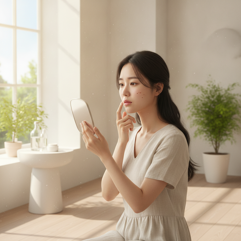 한국인 여성이 거울을 보며 뺨의 기미를 살피고 있는 모습, 창밖으로 밝은 여름 햇살이 들어오는 실내 배경