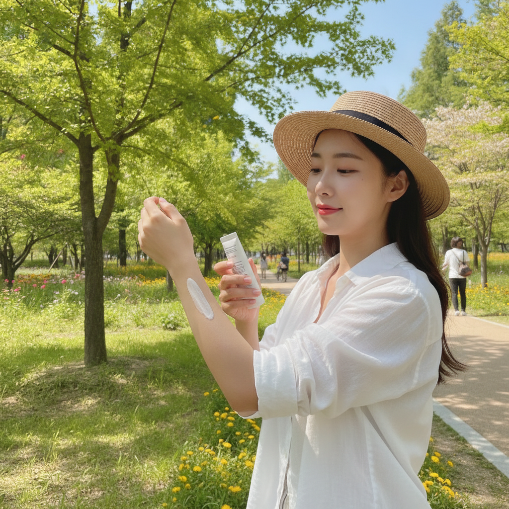 한국인 여성이 야외에서 자외선 차단제를 팔에 바르고 있는 모습, 햇빛이 밝은 여름 공원 배경