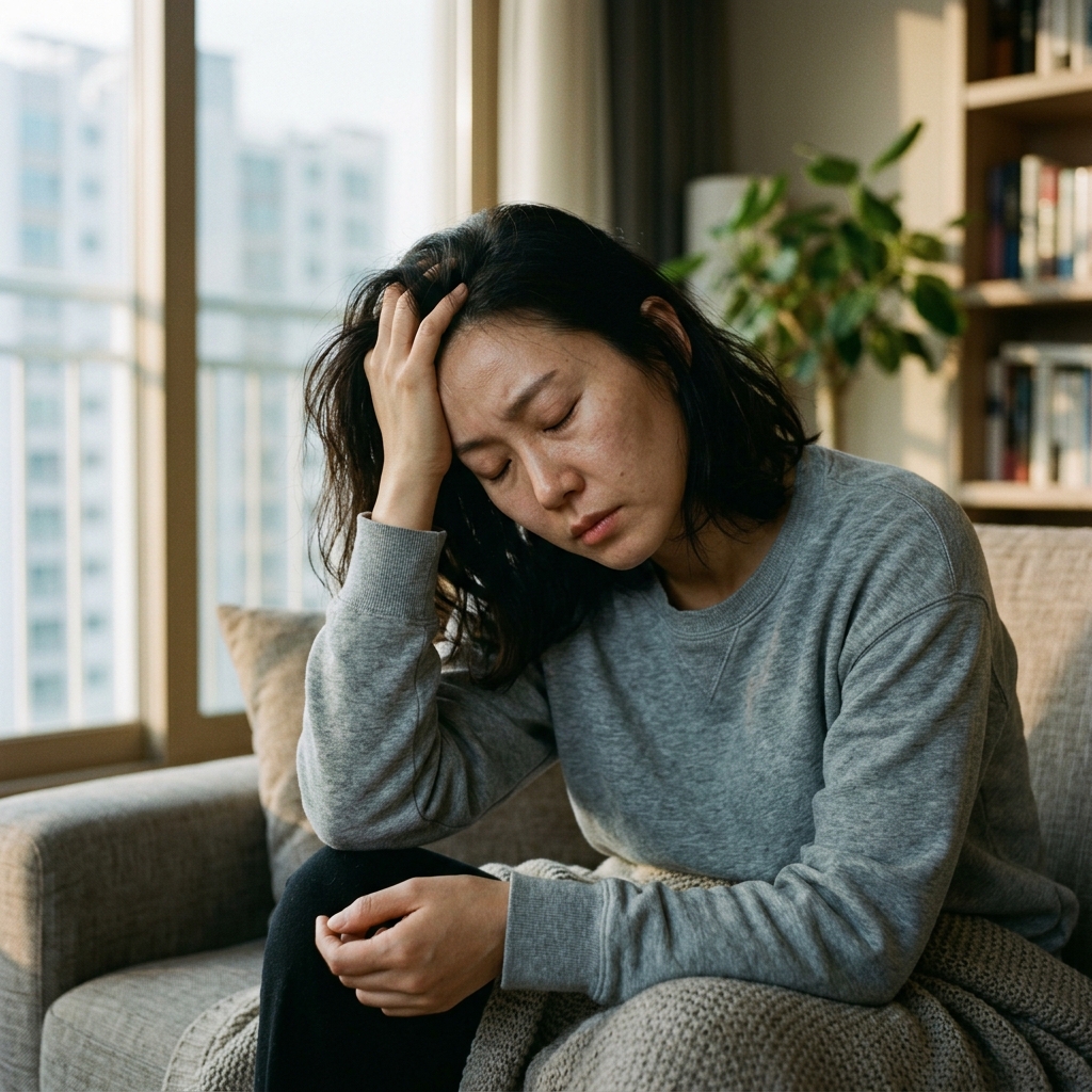 소파에 앉아 머리를 감싸 쥔 채 피곤한 표정을 짓고 있는 30대 여성의 모습, 자연광이 들어오는 실내 배경