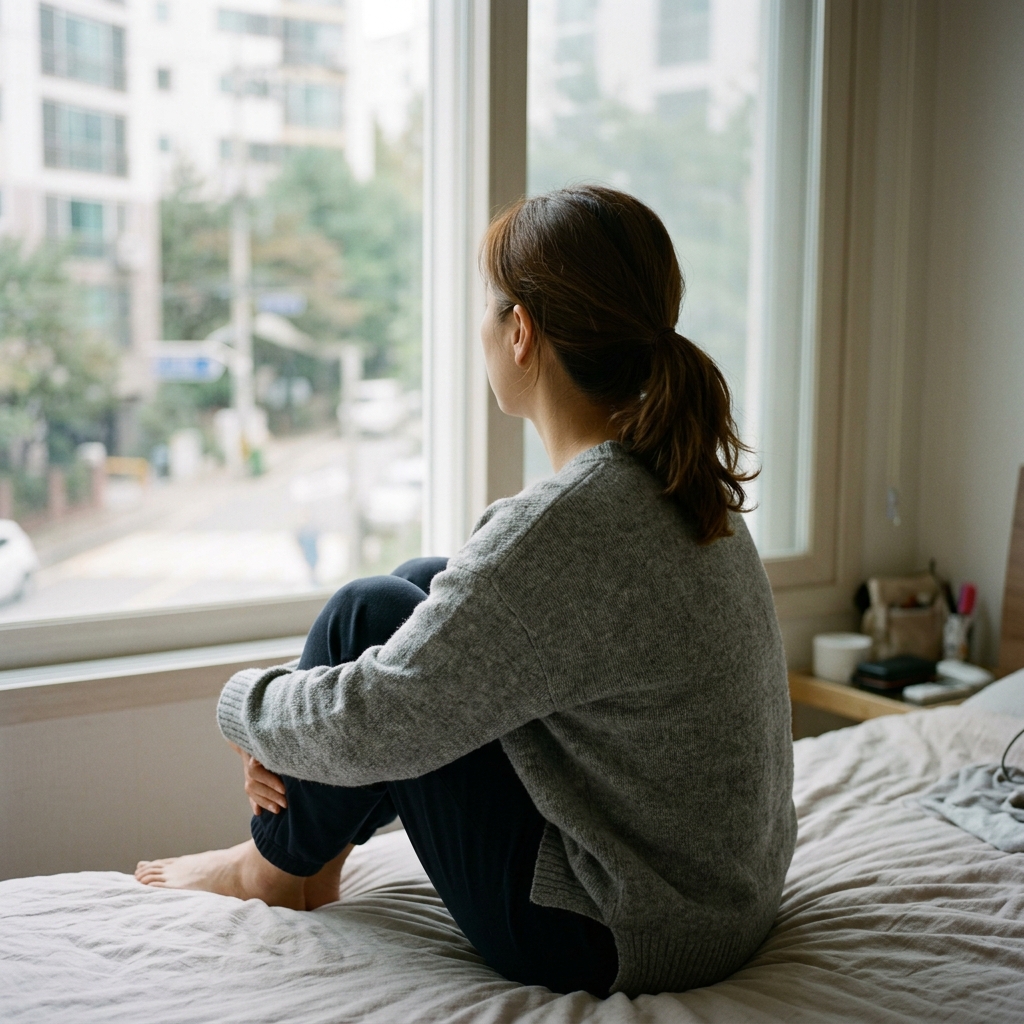 침대에 앉아 무릎을 끌어안고 창밖을 바라보는 30대 여성의 뒷모습, 부드러운 실내 조명