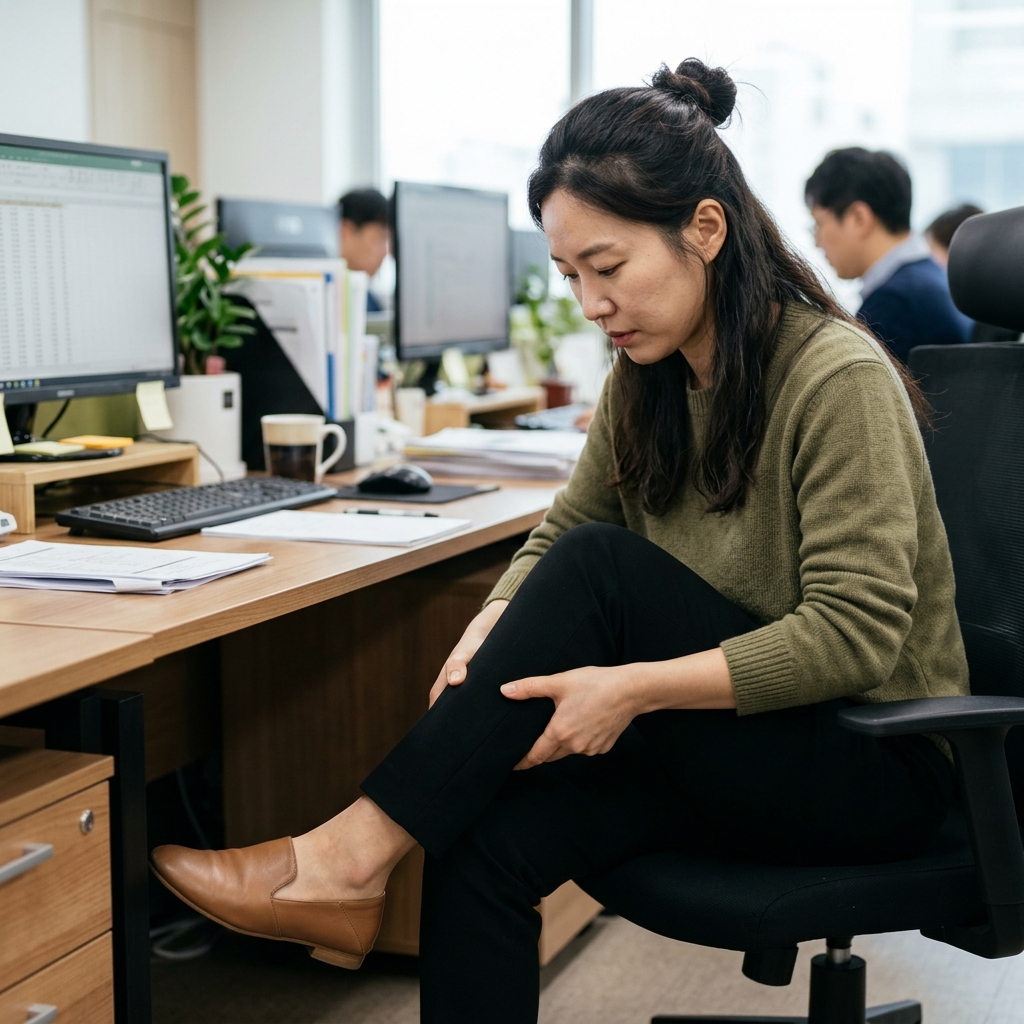 사무실 책상 앞에 앉아 종아리를 주무르는 30대 직장인 여성의 모습