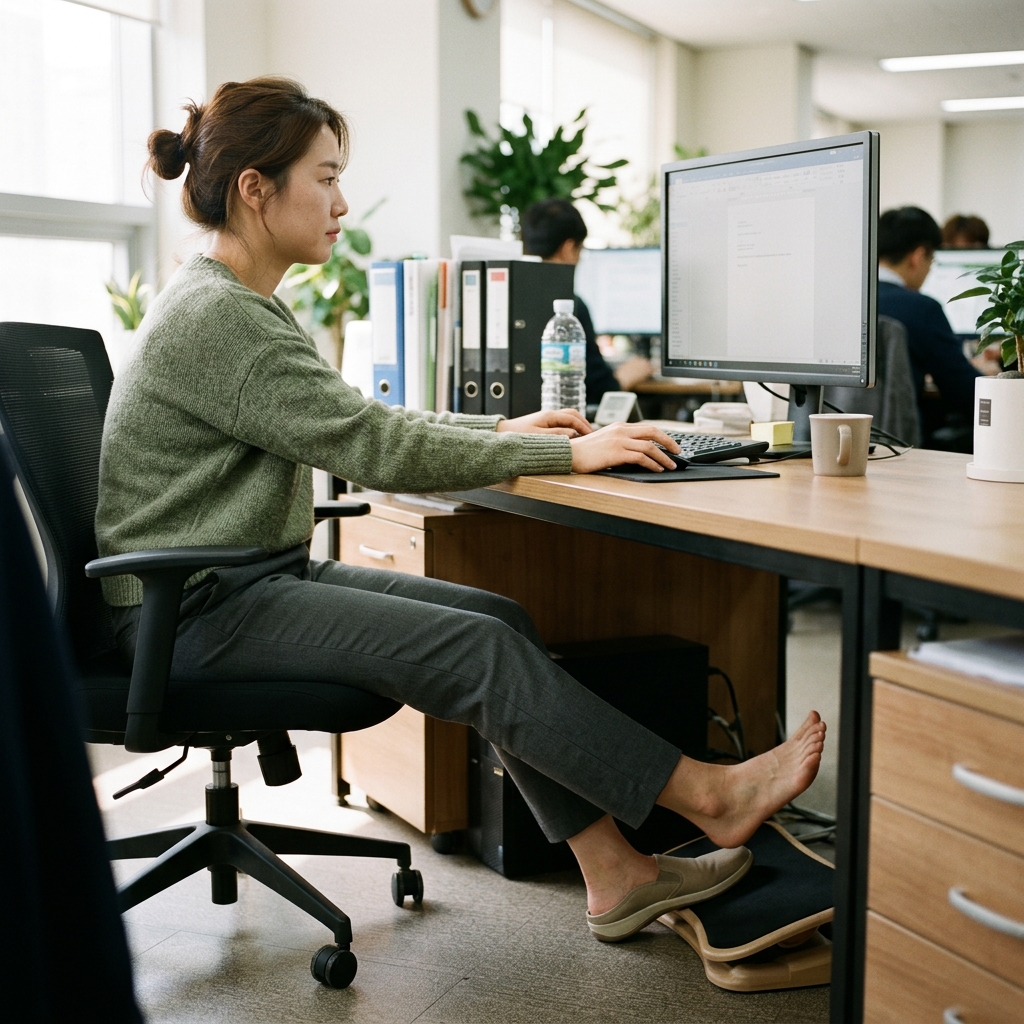 책상에 앉아 다리를 펴고 발목을 움직이는 직장인 여성