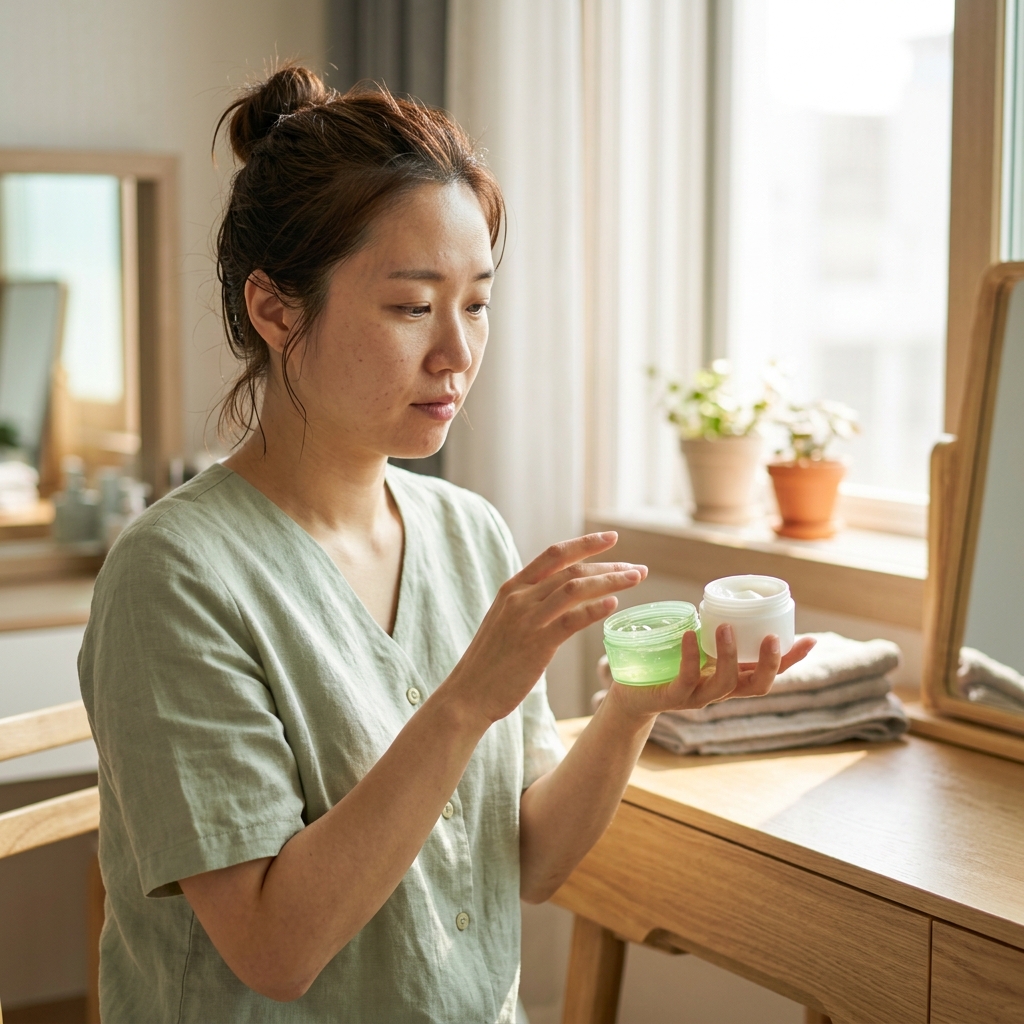 여름 햇살이 비치는 실내에서 세안 후 알로에 젤과 보습크림을 함께 펼쳐놓고 선택을 고민하는 한국인 성인 여성의 모습
