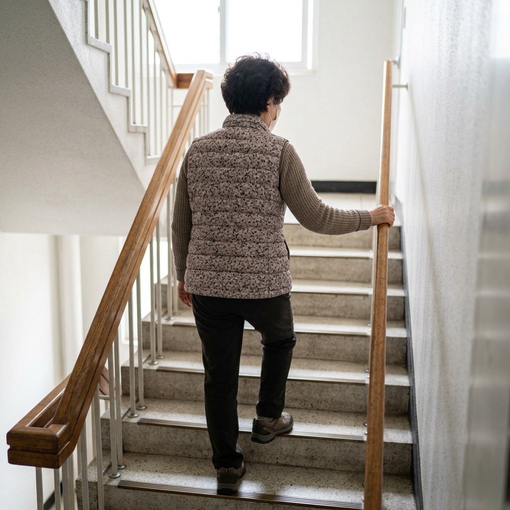 계단 난간을 잡고 오르는 60대 중반 여성의 뒷모습, 실내 아파트 계단, 밝은 자연광