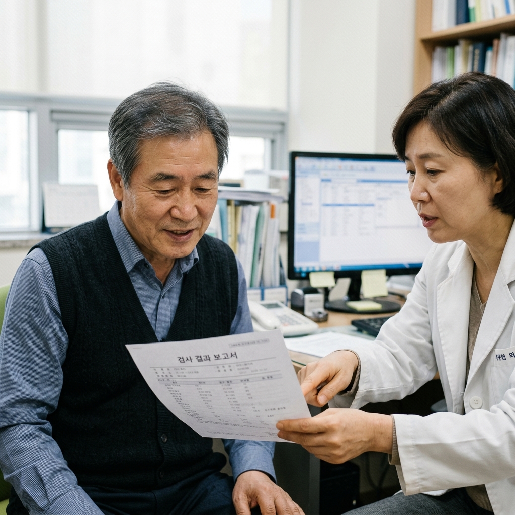 병원 진료실에서 의료진과 상담 중인 60대 후반 남성, 검사 결과지를 함께 보는 장면
