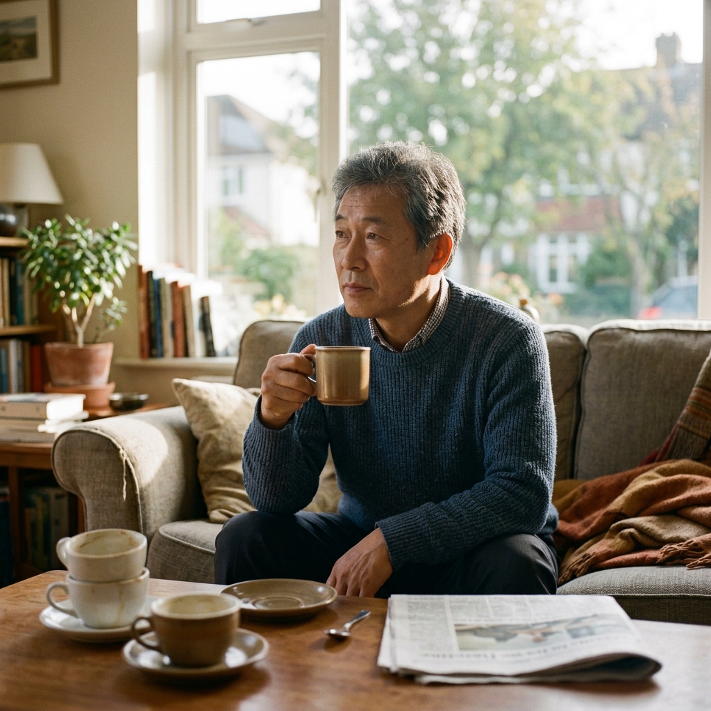 거실 소파에 앉아 커피잔을 들고 있는 60대 후반 한국인 남성, 창밖으로 아침 햇살이 들어오고 테이블 위에는 빈 커피잔이 여러 개 놓여 있는 모습
