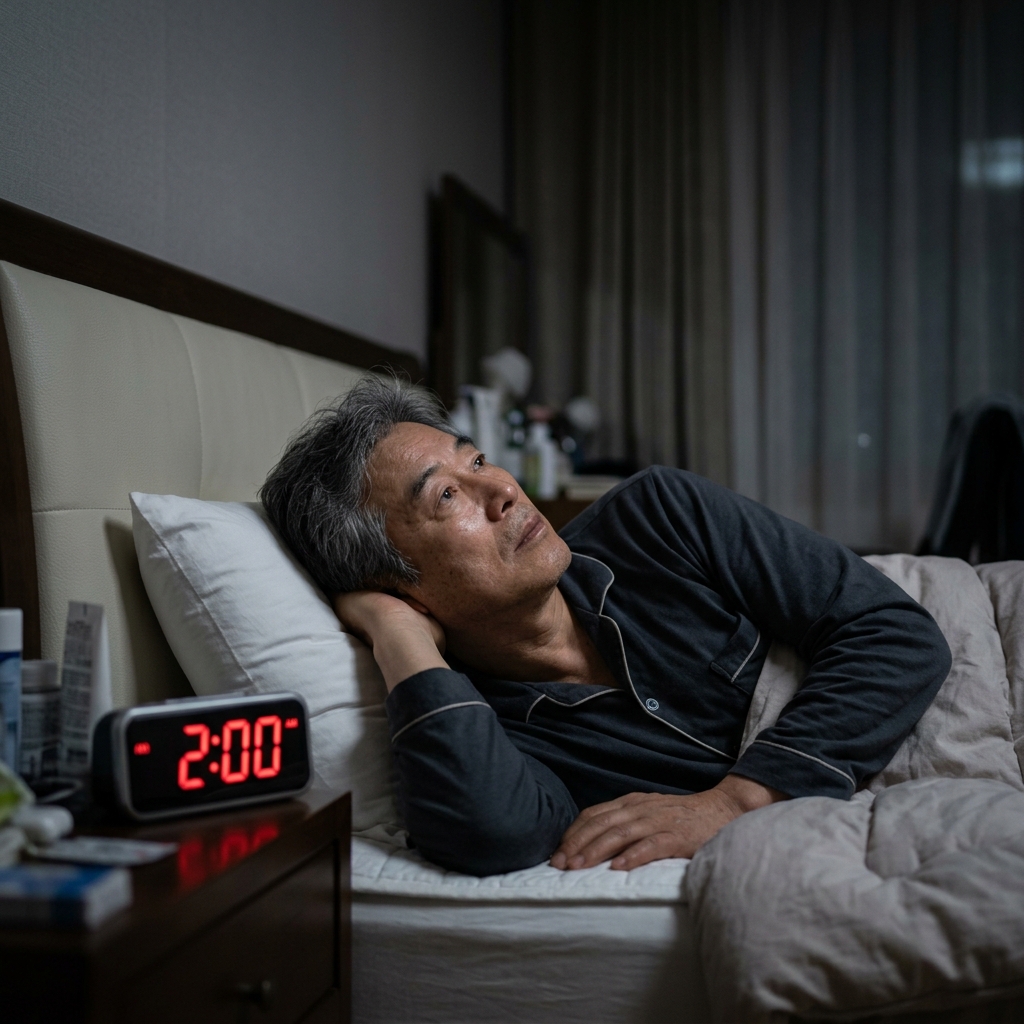 침실에서 잠들지 못하고 베개에 기대 눈을 뜬 채 천장을 바라보는 60대 후반 한국인 남성의 옆모습, 침대 옆 시계는 새벽 2시를 가리키고 있음