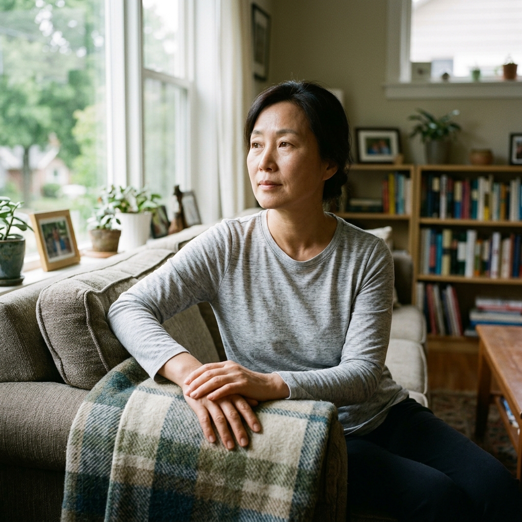 소파에 앉아 담요를 무릎에 덮고 손을 감싸쥔 중년 여성, 밝은 색 긴팔 티셔츠 착용, 실내 창가