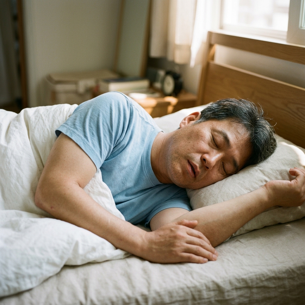 중년 남성이 침대에 누워 면 이불을 덮고 편안하게 잠든 모습, 여름철 얇은 반팔 차림