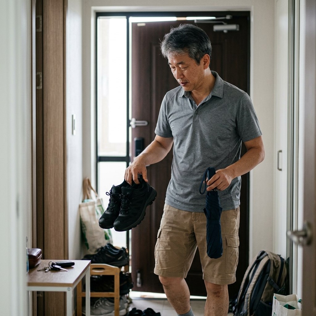 40대 후반 남성이 현관에서 방수 신발과 접이식 우산을 손에 들고 출발 준비를 하는 여름철 아침 장면