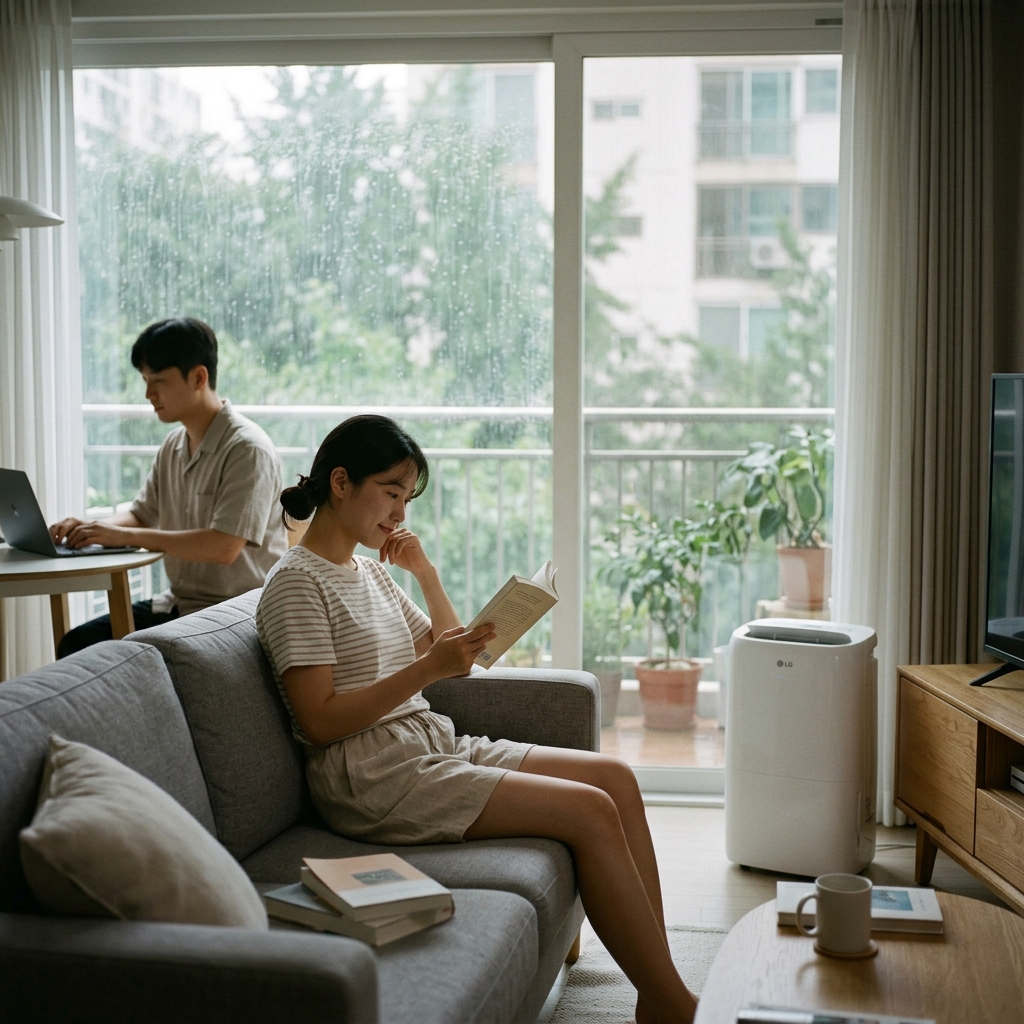 거실 한가운데 놓인 제습기가 작동 중이고, 창밖으로 장마철 빗줄기가 보이며 실내는 밝고 쾌적한 모습