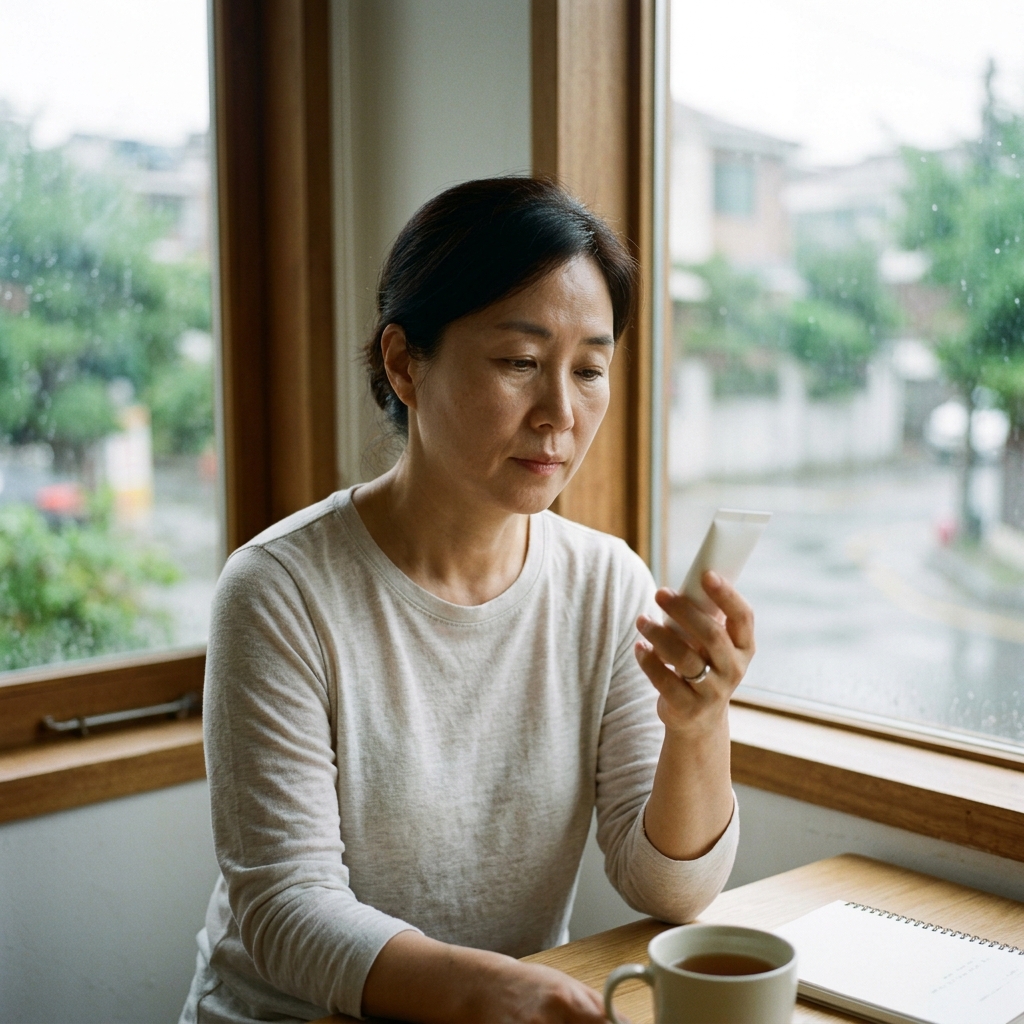 흐린 장마철 날씨, 얇은 긴팔 셔츠 입은 중년 여성이 창가에서 선크림 통을 들고 고민하는 모습