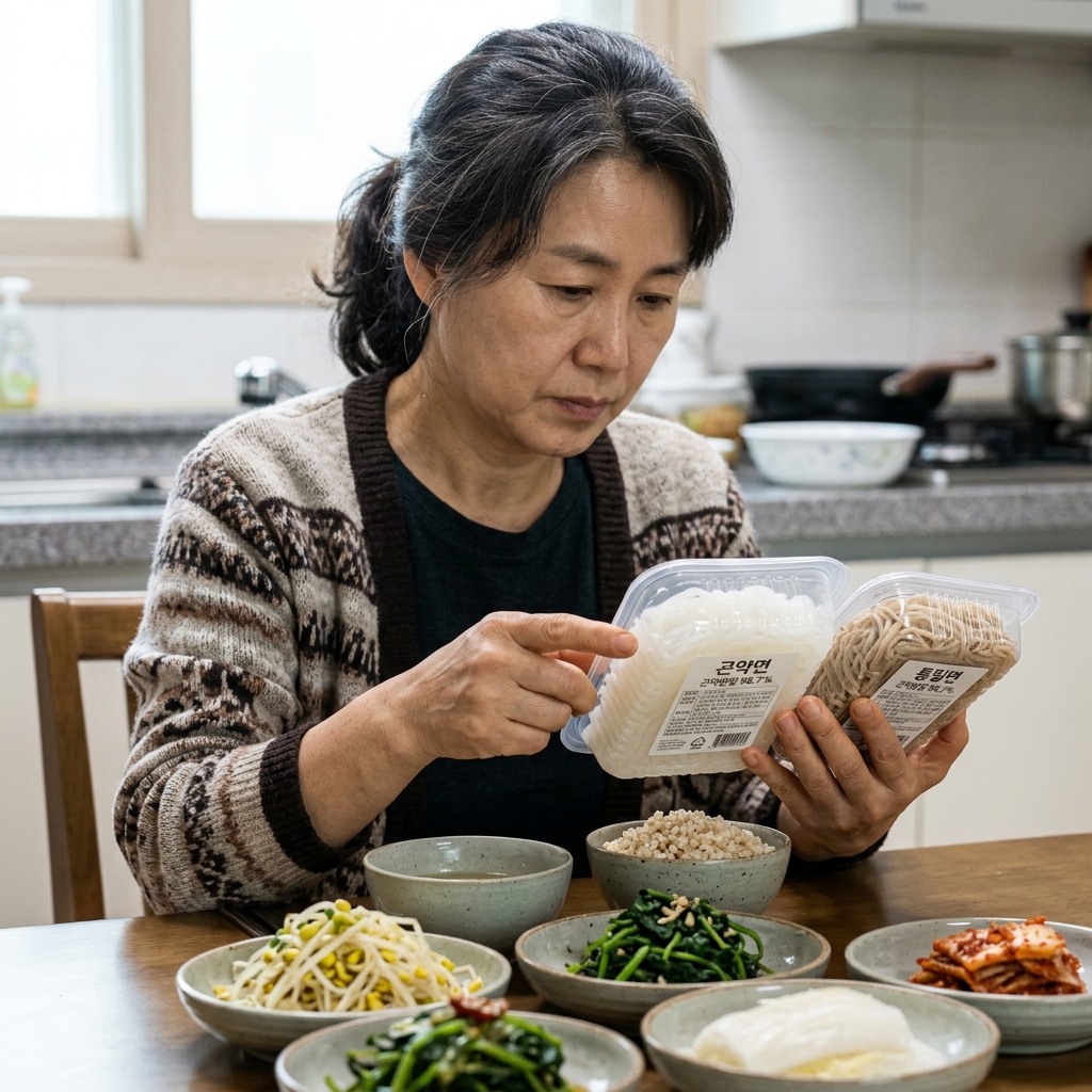곤약면과 통밀면이 담긴 투명 용기를 비교하며 성분표를 확인하는 중장년 여성의 손과 식탁 위 채소 반찬