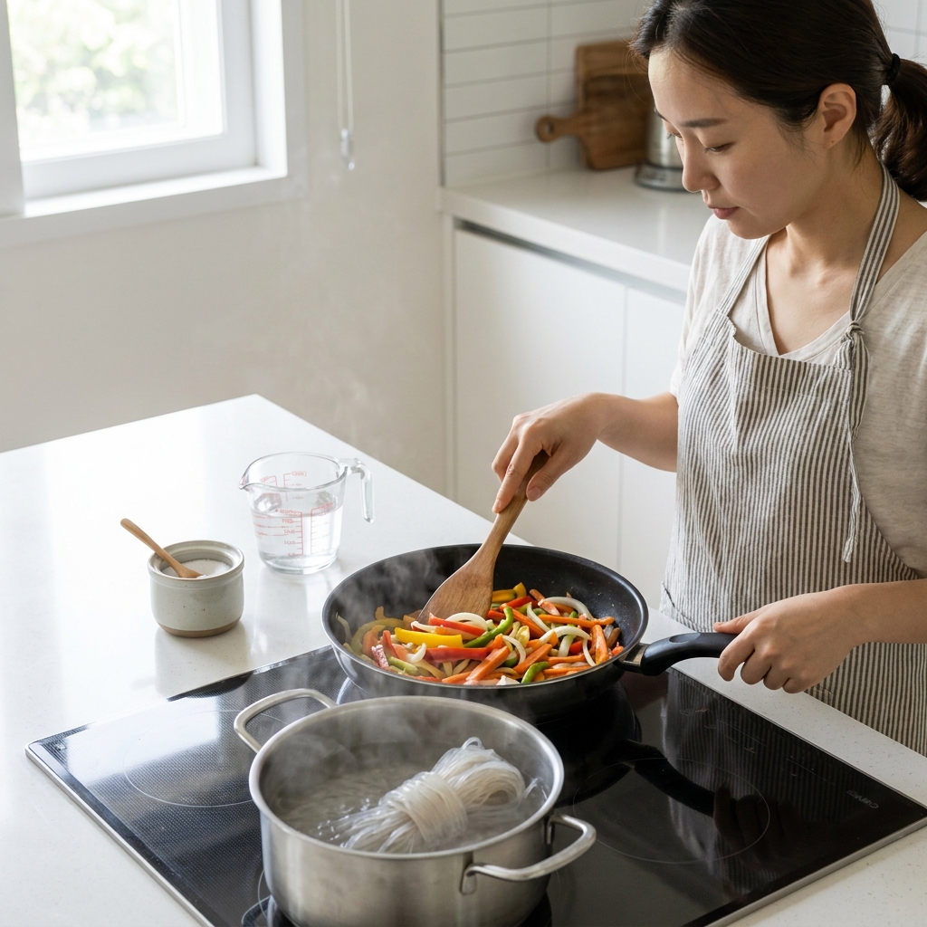 곤약면을 데치는 냄비와 채소를 볶는 프라이팬, 주방 조리대 위 계량컵과 소금통