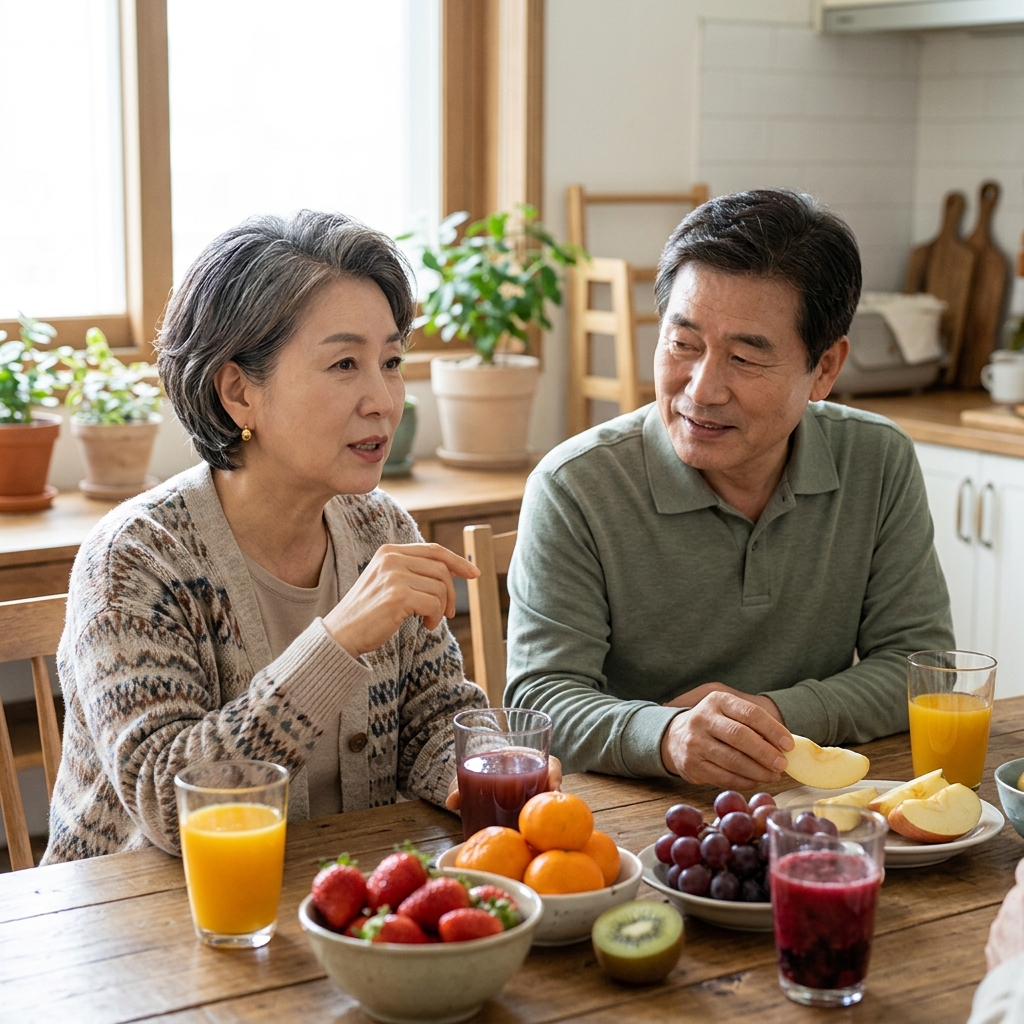 테이블 위에 놓인 다양한 과일주스와 신선한 과일들