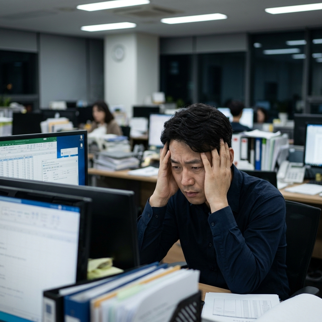 책상 앞에 앉아 머리를 감싸 쥐고 지친 표정으로 모니터를 바라보는 직장인의 모습