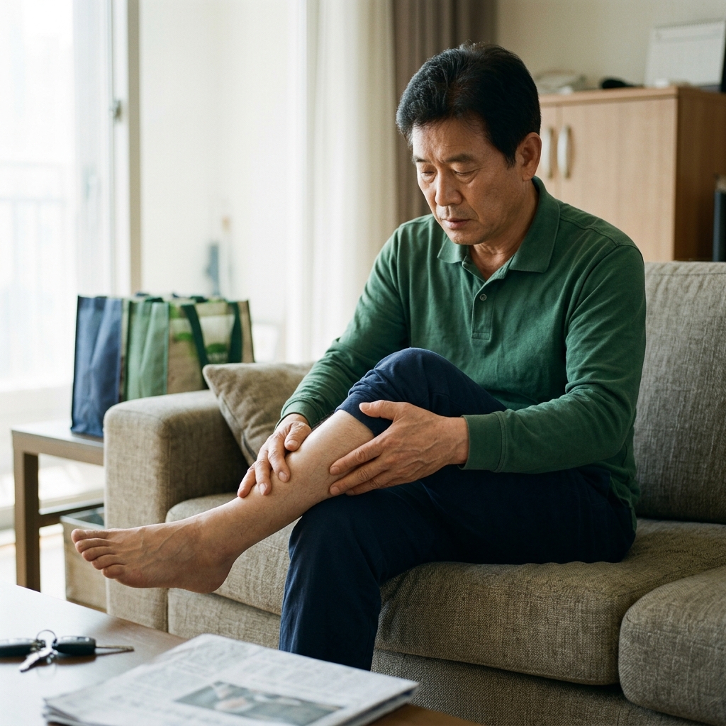 장거리 운전 후 집에 도착해 소파에 앉아 종아리를 만지며 통증을 확인하는 50대 후반 남성의 모습, 한쪽 다리가 약간 부어 보이는 장면