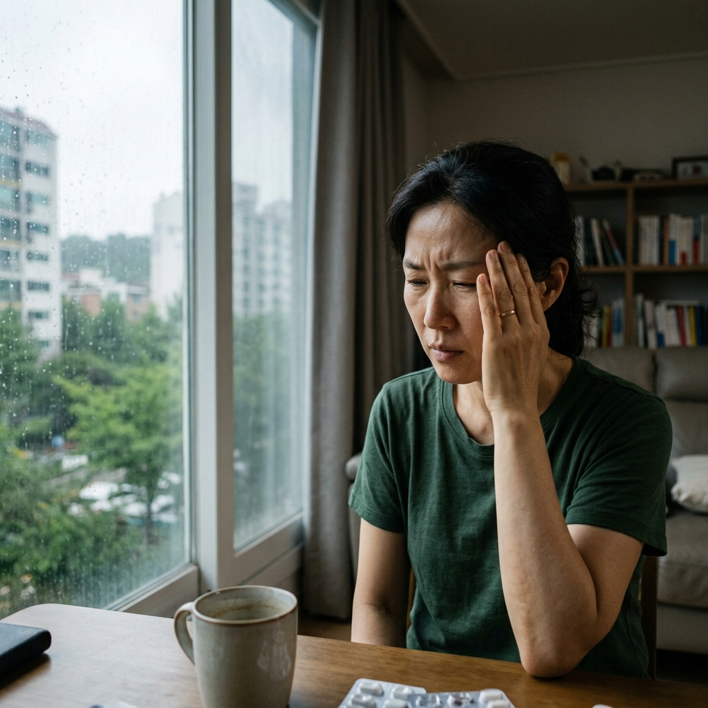 장마철 흐린 하늘 아래 창가에서 관자놀이를 손으로 감싸며 욱신거리는 통증 표정을 짓고 있는 중년 한국인 여성