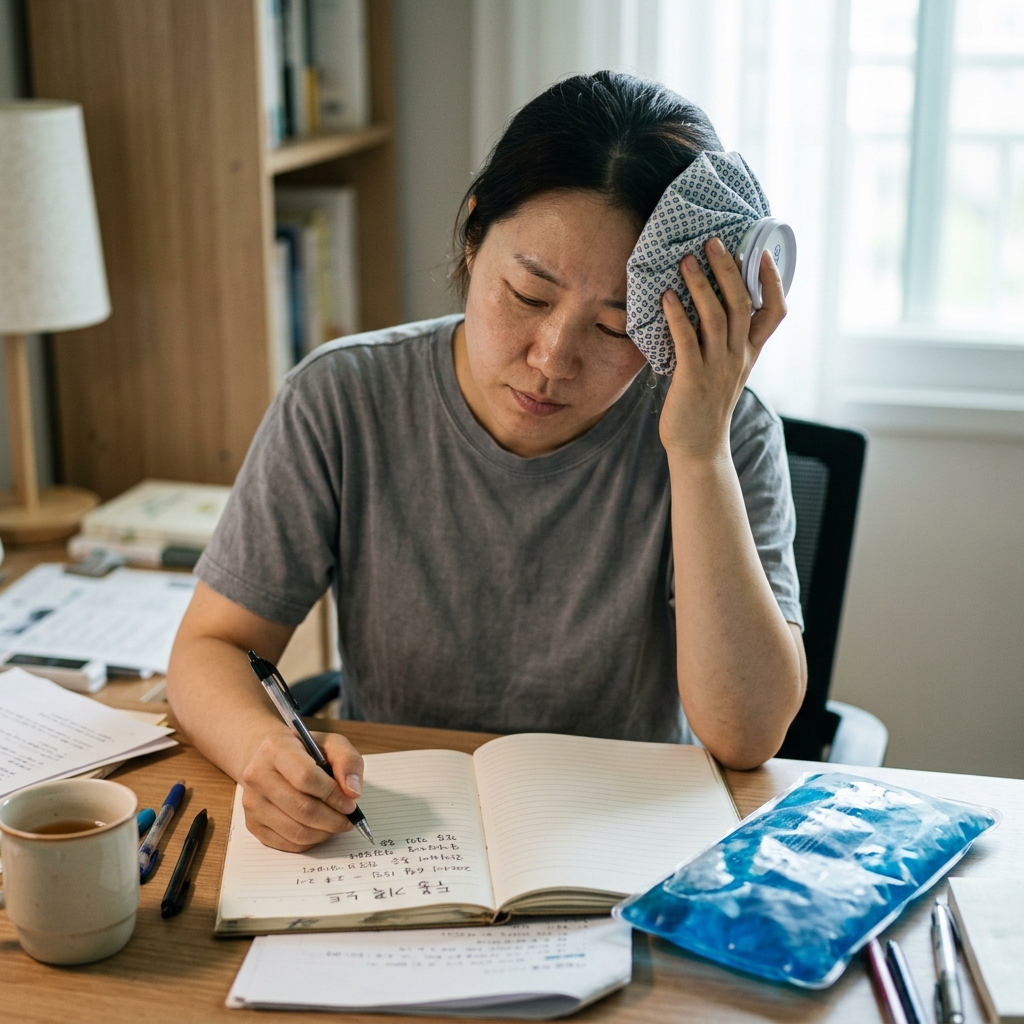 책상 위에 놓인 얼음팩과 냉찜질 천, 그 옆에 펼쳐진 두통 기록 노트와 펜