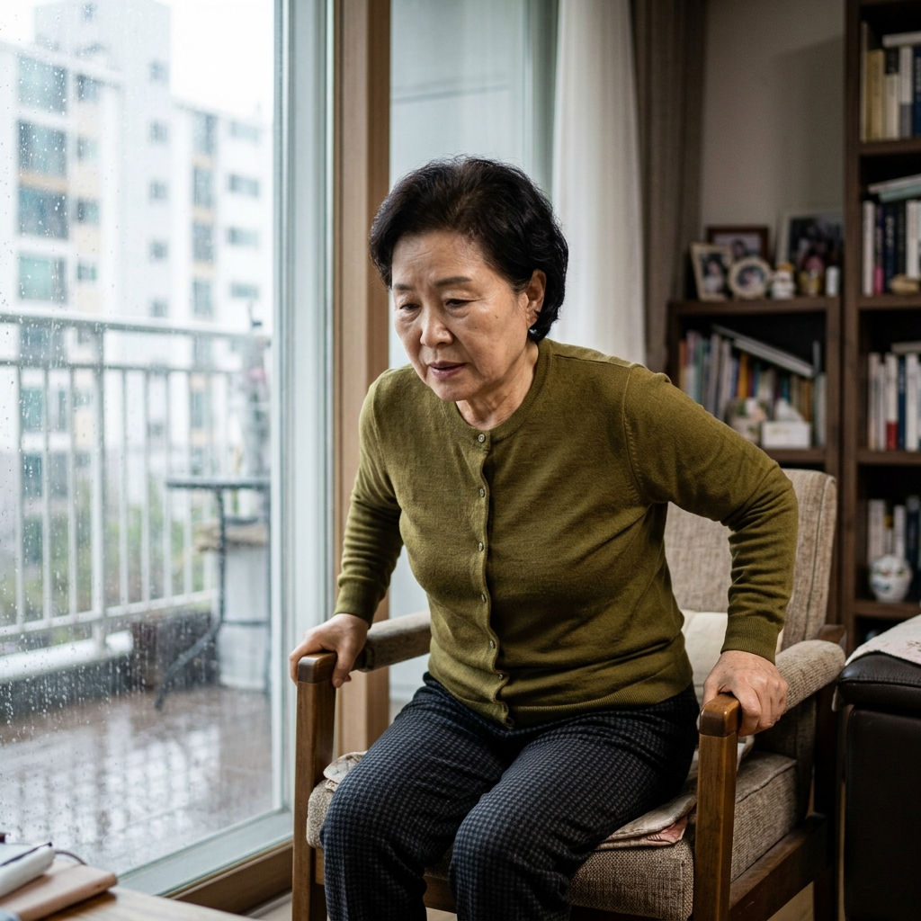 실내에서 의자 손잡이를 잡고 천천히 앉았다 일어서는 70대 여성, 창문 밖 빗줄기