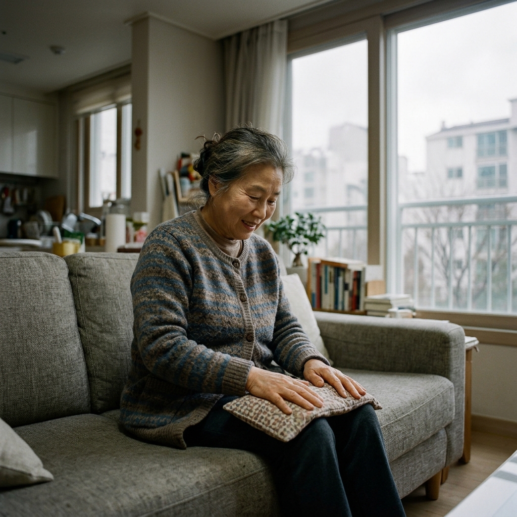 소매가 긴 옷을 입은 70대 여성이 거실 소파에 앉아 무릎에 온찜질팩을 올려놓고 있는 모습, 창밖으로 흐린 하늘이 보임