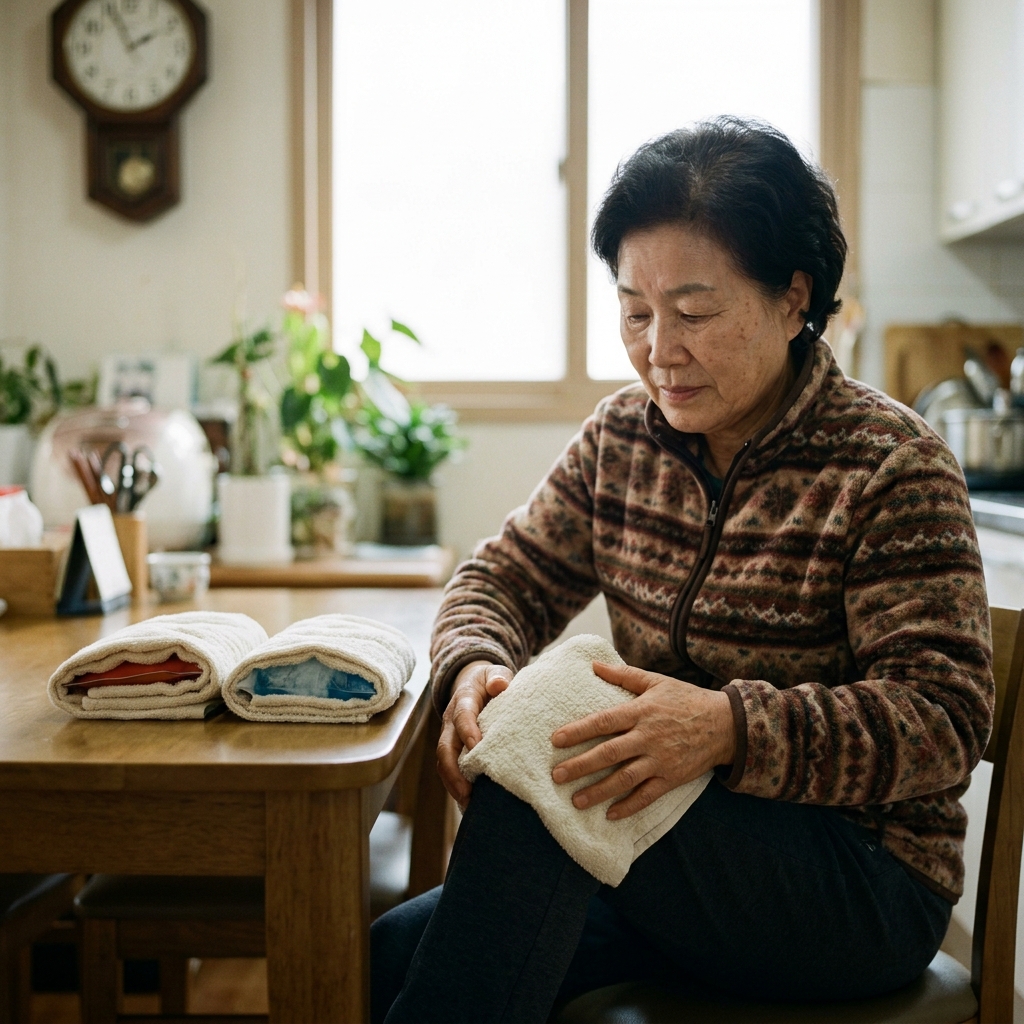 평평한 탁자 위에 온찜질용 핫팩과 냉찜질용 아이스팩이 나란히 놓인 모습, 수건으로 감싸진 상태