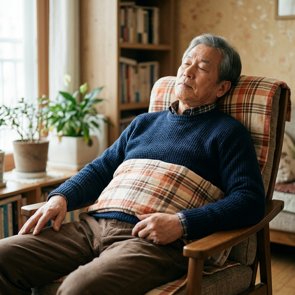 실내에서 70대 남성이 허리에 온찜질팩을 댄 채 의자에 기대어 앉아 있는 모습, 수건이 핫팩을 감싸고 있음