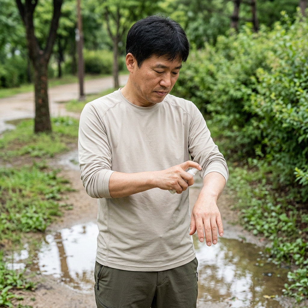 장마 직후 물웅덩이 주변에서 밝은색 긴소매 옷을 입고 모기기피제를 손목에 뿌리는 중년 남성의 모습