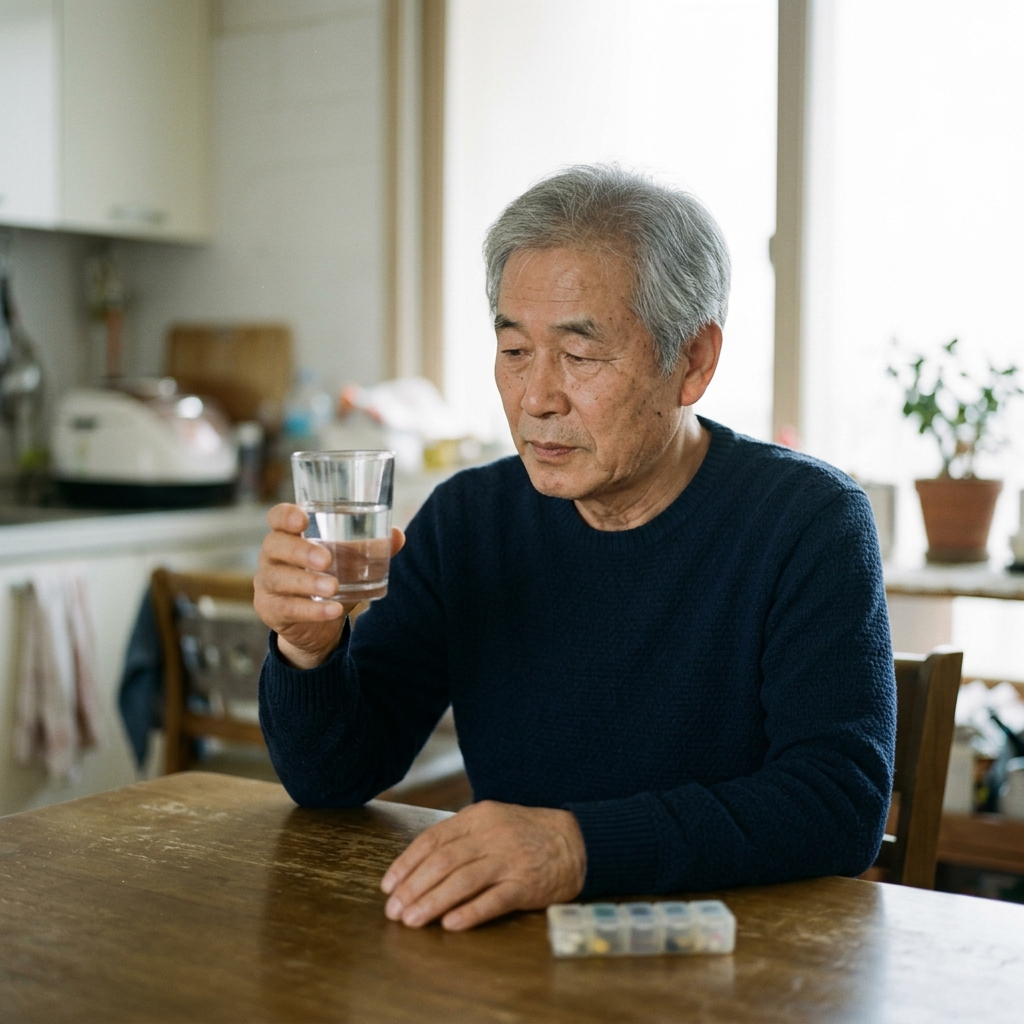 투명한 유리컵에 담긴 물을 확인하는 75세 남성, 밝은 조명 아래 실내