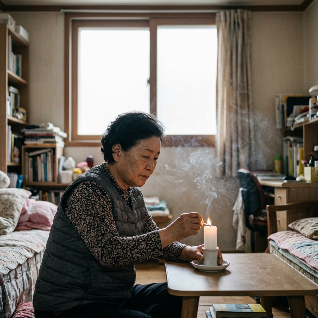 밀폐된 원룸에서 양초를 켜고 있는 모습, 창문은 닫혀 있고 옅은 연기가 퍼지는 장면