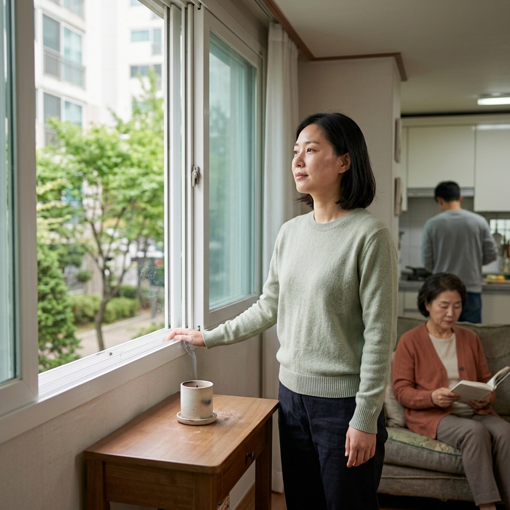 양초를 끈 뒤 활짝 열린 창문으로 신선한 공기가 들어오는 실내 모습