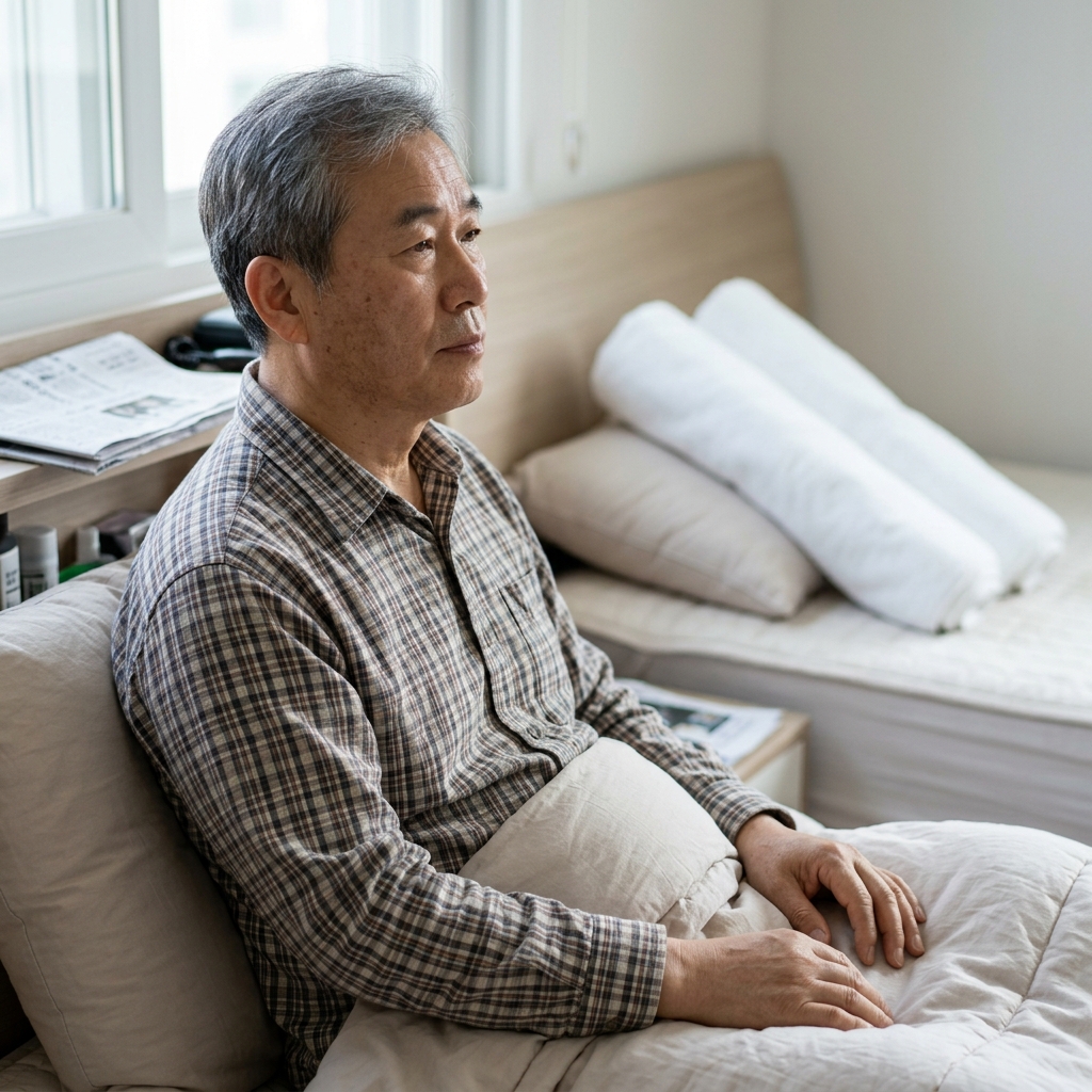 흰색 수건 두 장을 길게 말아 원통 모양으로 만들어 놓은 모습, 베개 위에 나란히 배치된 장면