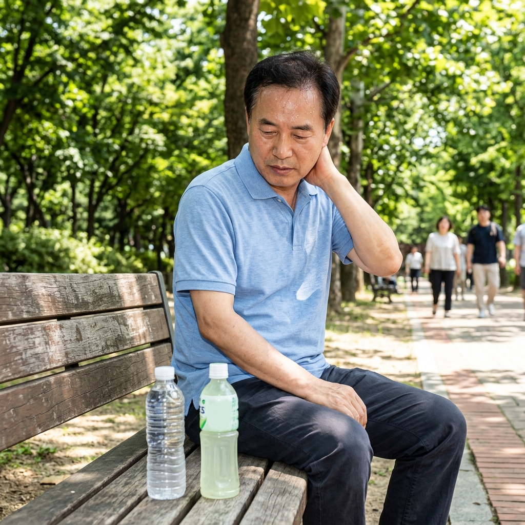 한여름 햇볕 아래 야외 벤치에 앉아 생수병과 이온음료병을 앞에 두고 어느 쪽을 선택할지 고민하는 60대 중반 한국인 남성의 모습, 얇은 반팔 차림, 이마에 땀방울, 자연광