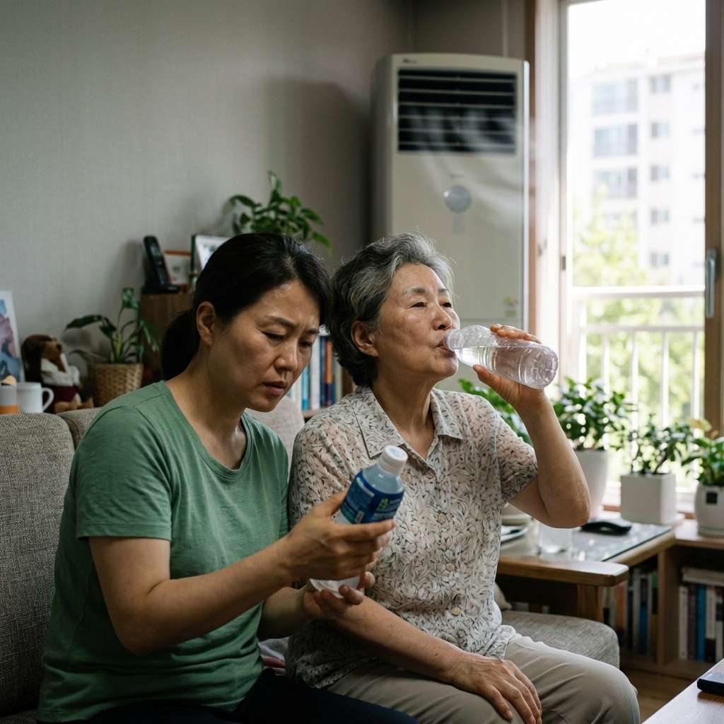 그늘진 실내 거실 소파에 앉아 물병을 들고 물을 마시는 70대 초반 한국인 여성과 옆에서 이온음료 라벨을 살피는 40대 중반 딸의 모습, 창밖으로 여름 햇살, 에어컨 바람