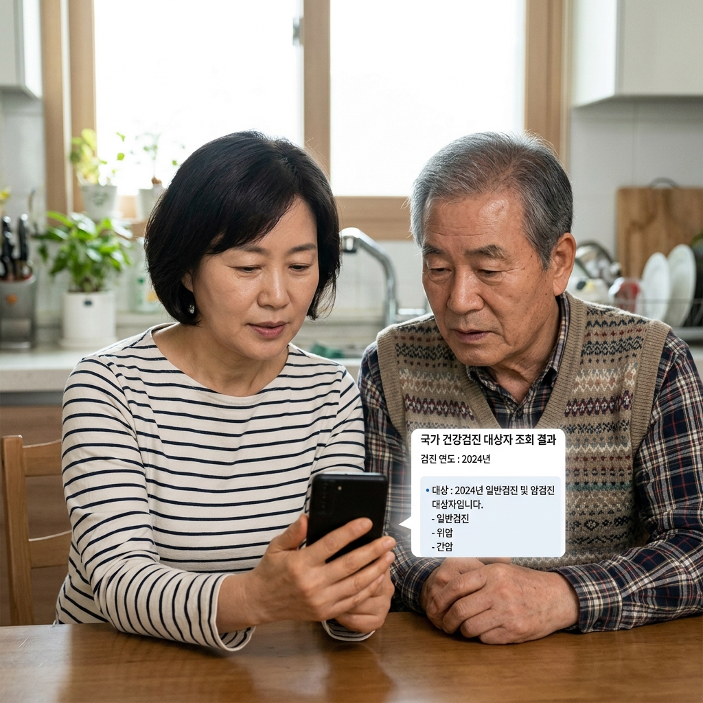 스마트폰 화면에 표시된 건강검진 대상조회 결과를 확인하는 장면
