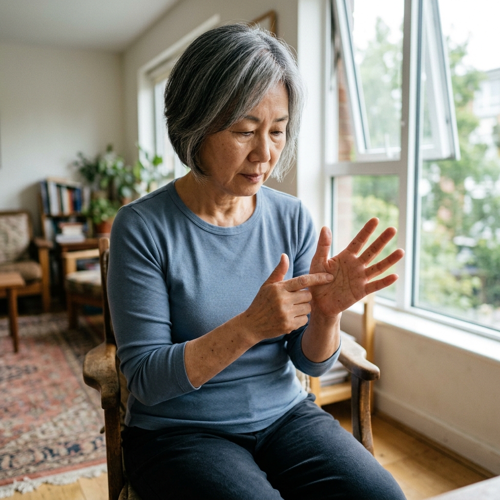 ์๋ฐ๋ฅ์ ๋ค์ด ์ดํผ๋ 60๋ ํ๋ฐ ์ฌ์ฑ์ ๋ชจ์ต, ์์ ๊ธดํ ์ค๋ด๋ณต ์ฐจ๋ฆผ, ์์ฐ๊ด์ด ๋ค์ด์ค๋ ๊ฑฐ์ค