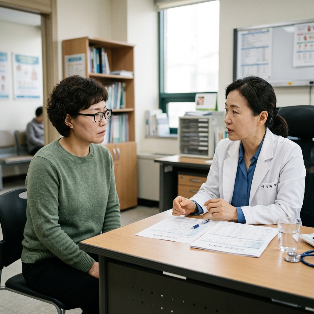 병원 상담실에서 의료진과 마주 앉아 진지하게 상담 중인 40대 여성, 테이블 위에 건강검진 결과지