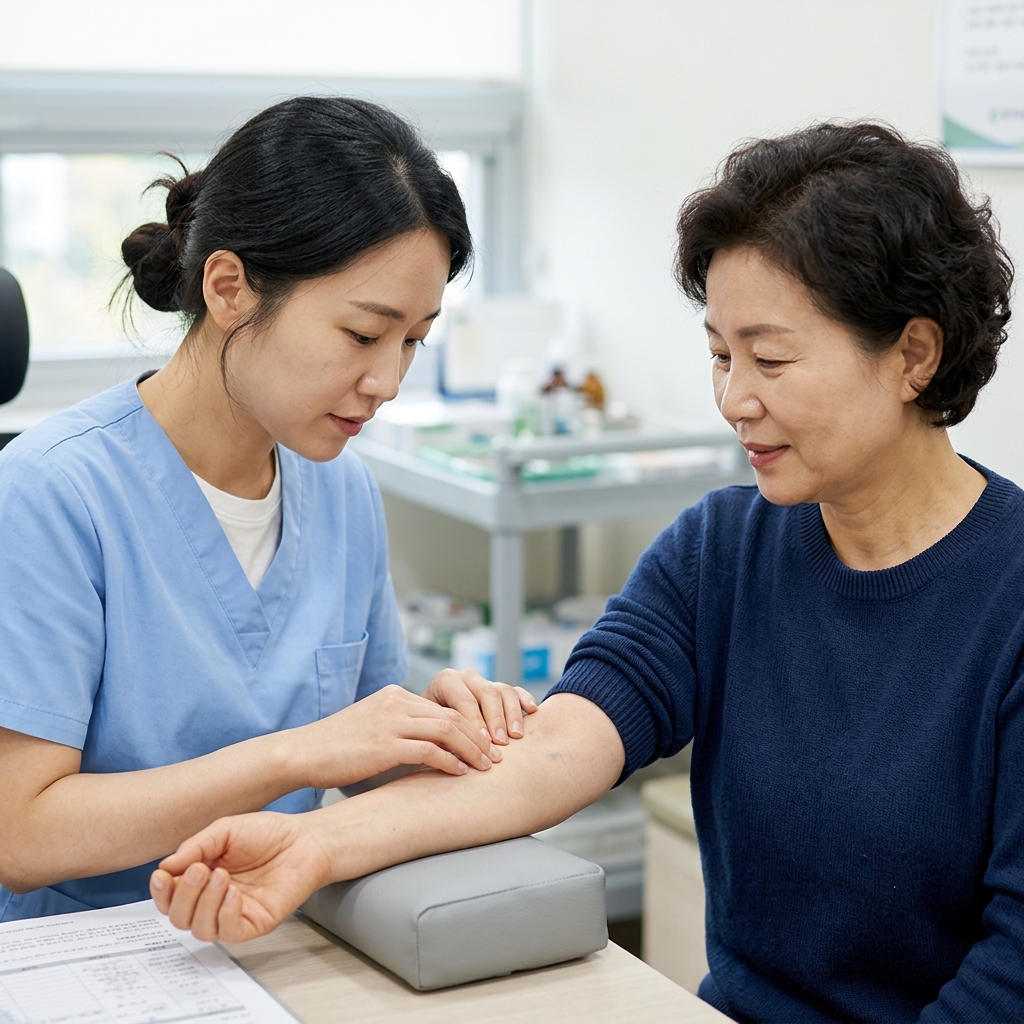 의료진이 환자의 팔 혈관 상태를 확인하며 주사 부위를 점검하는 장면, 밝은 진료실 조명