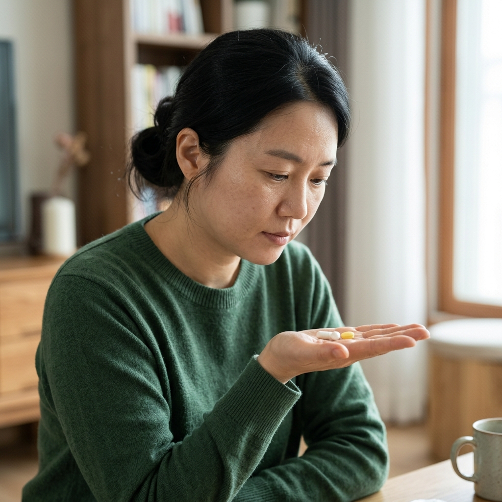 30대 여성이 손바닥 위에 흰색 캡슐 한 알과 노란색 정제 한 알을 올려놓고 살펴보는 장면, 실내 자연광