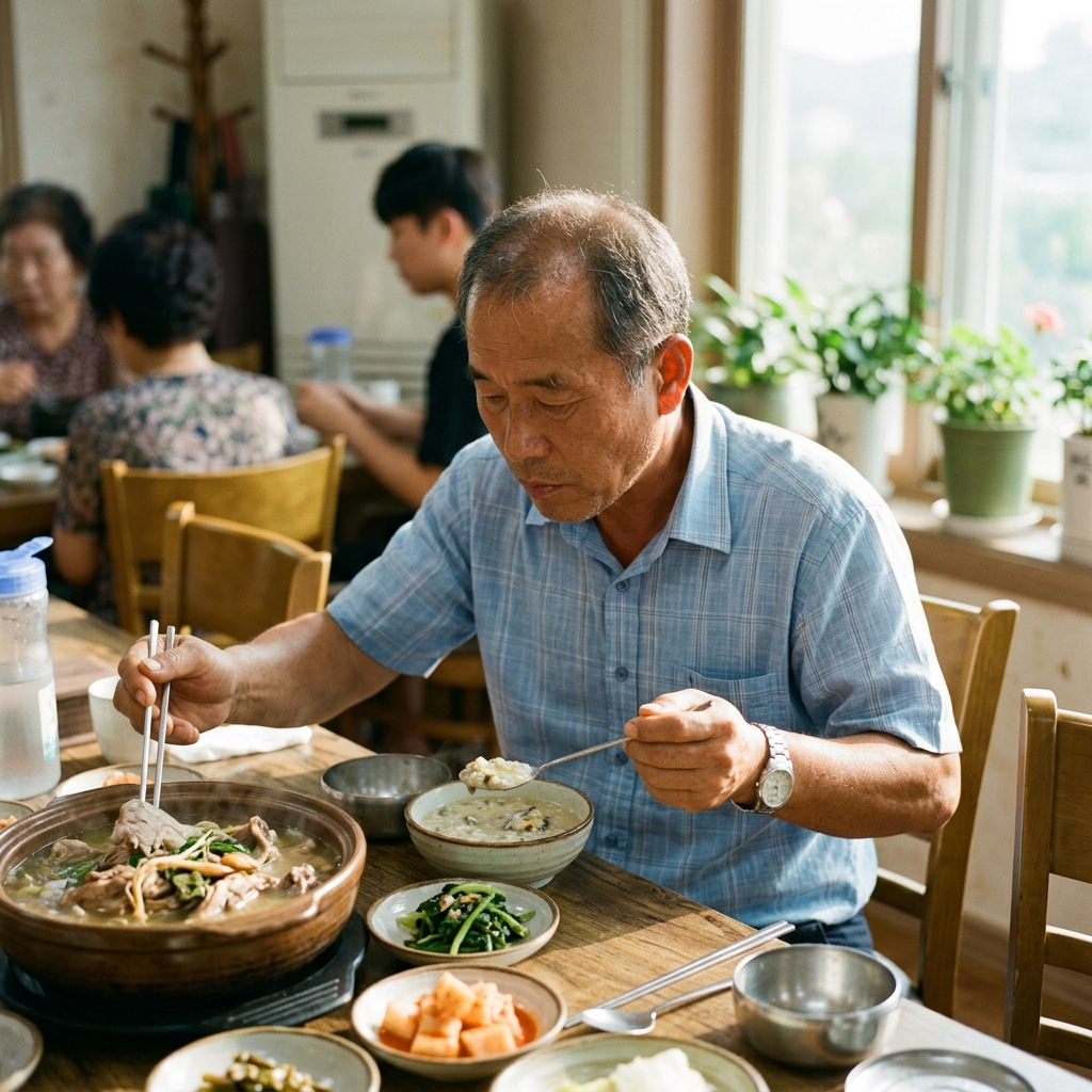여름 햇살이 비치는 식탁에 오리백숙과 전복죽이 담긴 그릇이 놓여 있고, 반팔 셔츠를 입은 중년 남성이 숟가락을 들고 있는 모습