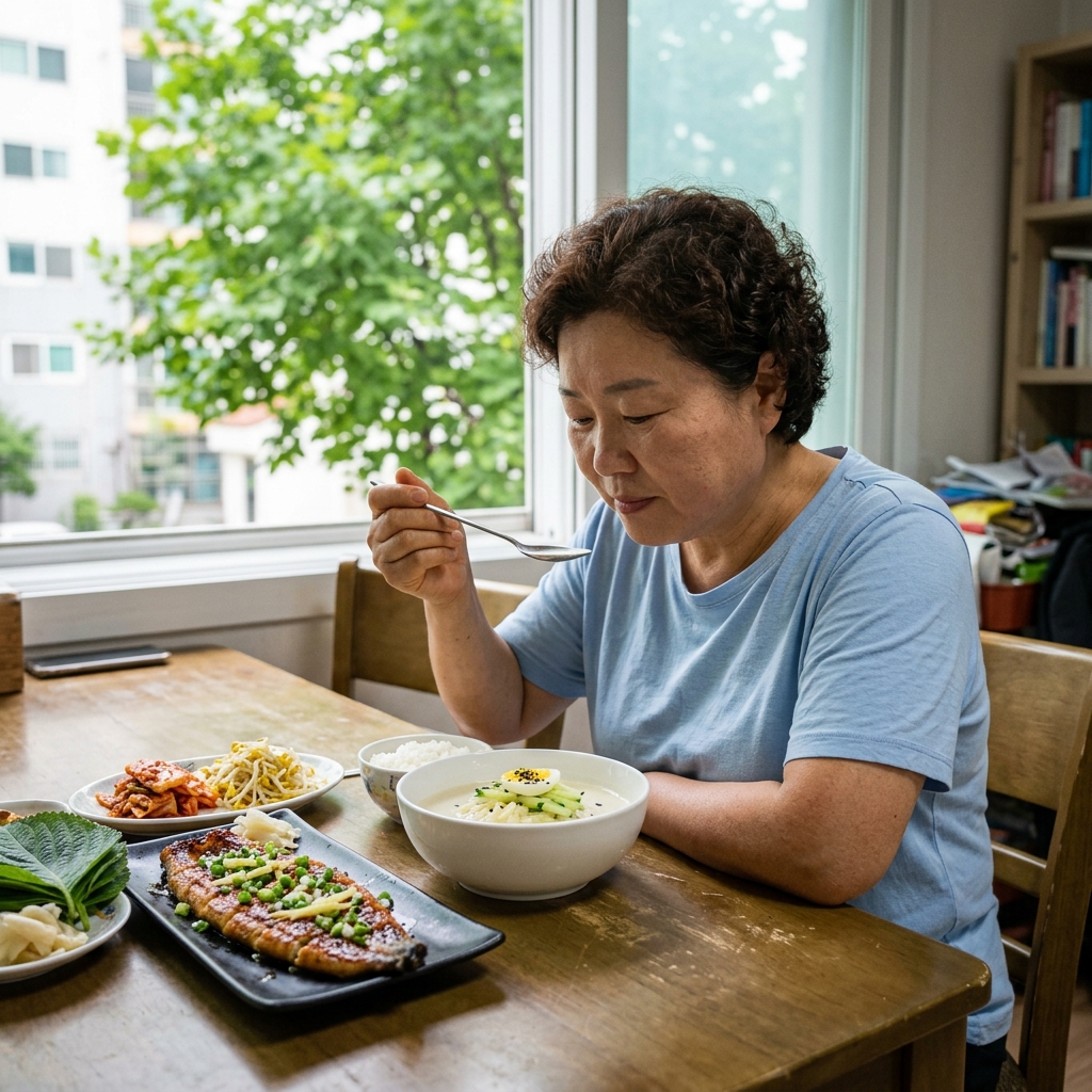 흰색 그릇에 담긴 콩국수와 장어구이가 나란히 놓인 여름 식탁, 창밖으로 푸른 나뭇잎이 보이는 밝은 실내