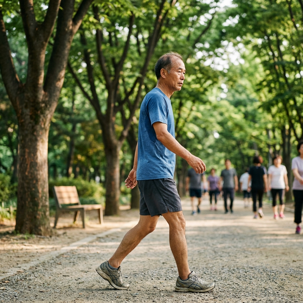 아침 시간대 공원에서 가벼운 걷기 운동을 하는 중년 남성, 반팔 티셔츠와 운동화를 착용하고 땀이 약간 배어 있는 모습, 주변에 나무가 우거진 산책로, 자연광이 부드럽게 비치는 아침 풍경