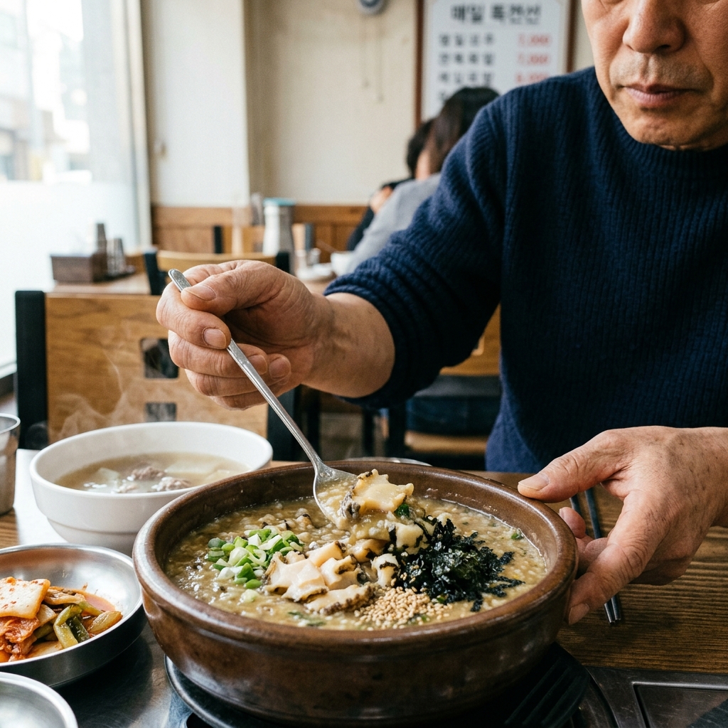 전복죽과 따뜻한 국물이 담긴 그릇 앞에서 수저를 들고 있는 중년 남성의 손